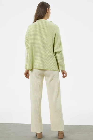 Çok Geniş Kalıp Kazayağı Desen Triko Kazak - Yeşil - Resim 5