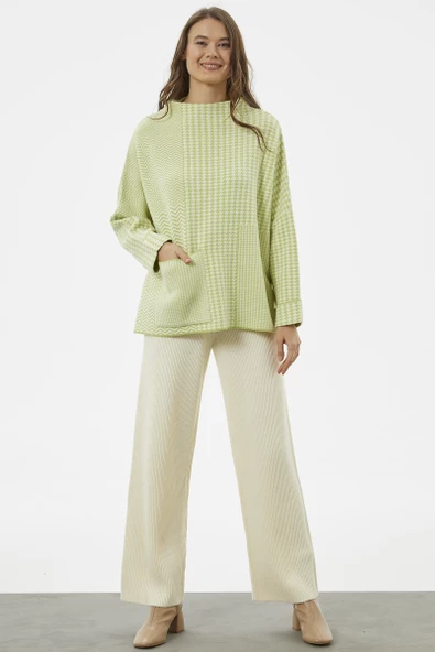 Çok Geniş Kalıp Kazayağı Desen Triko Kazak - Yeşil ürün görseli 1