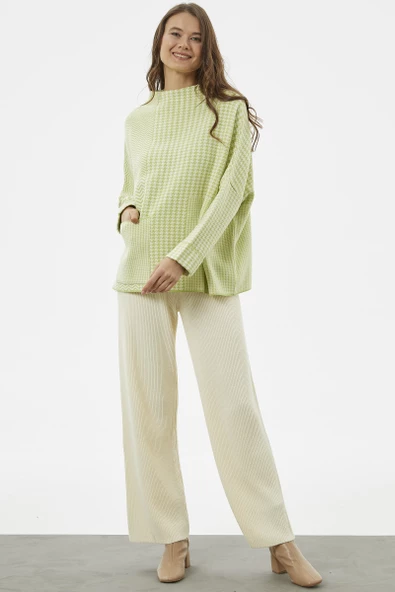 Çok Geniş Kalıp Kazayağı Desen Triko Kazak - Yeşil - Resim 4