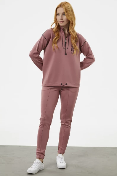 Dik Yaka Rahat Kalıp Eşofman Takım - Gül - Resim 4