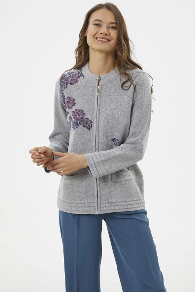 Fermuarlı Kalın Örgü Triko Ceket - Gri - 2