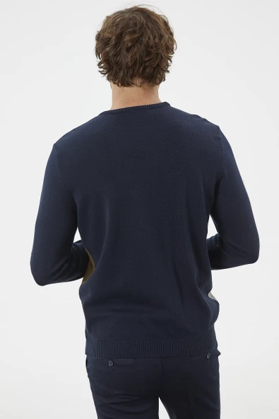 Çok Renkli Blok Desen Triko Kazak - Lacivert - 5