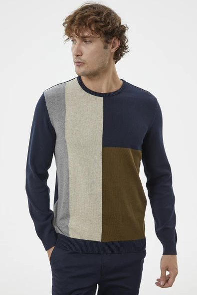 Çok Renkli Blok Desen Triko Kazak - Lacivert - 2