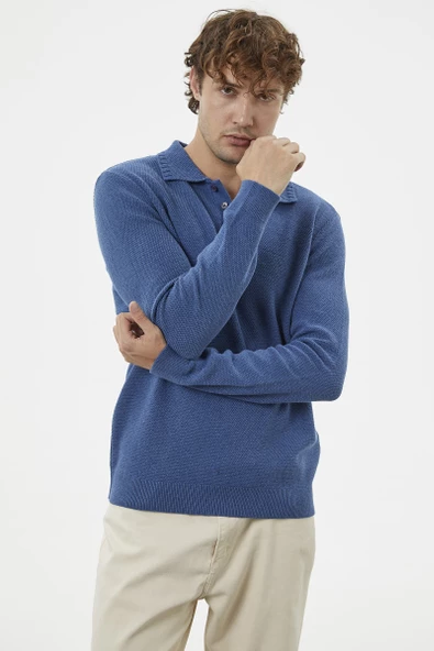 Polo Yaka Düğmeli Triko Kazak - Indigo - Resim 2