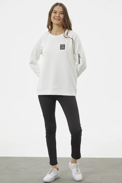Fermuarlı Rahat Kalıp Sweatshirt - Ekru - 3