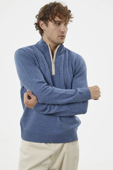 Dik Yaka Fermuarlı Triko Kazak - Indigo - Resim 3