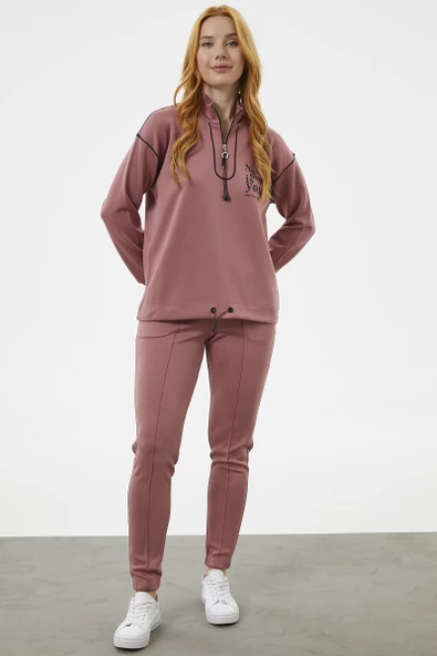 Dik Yaka Rahat Kalıp Eşofman Takım - Gül - Resim 3