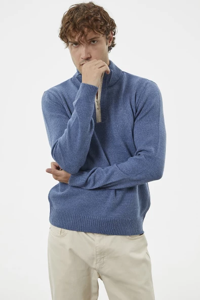 Dik Yaka Fermuarlı Triko Kazak - Indigo - Resim 2