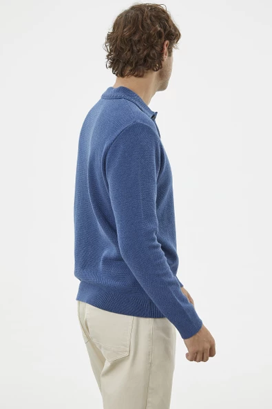 Polo Yaka Düğmeli Triko Kazak - Indigo - Resim 6