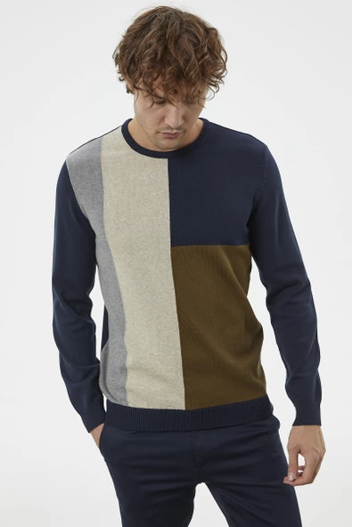 Çok Renkli Blok Desen Triko Kazak - Lacivert - 3