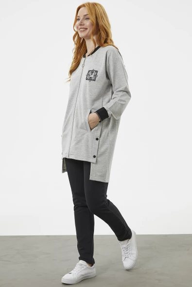 Fermuarlı Tunik Eşofman Takım - Gri - Resim 3