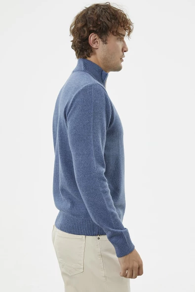 Dik Yaka Fermuarlı Triko Kazak - Indigo - Resim 5