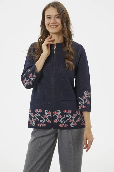 Çiçek Desen Detaylı Yünlü Triko Hırka - Lacivert - Resim 5