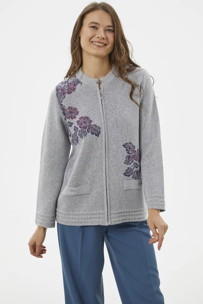 Fermuarlı Kalın Örgü Triko Ceket - Gri - 3