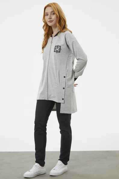 Fermuarlı Tunik Eşofman Takım - Gri - Resim 5