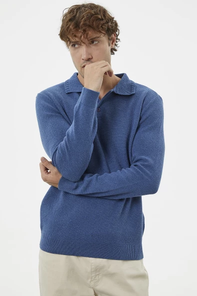 Polo Yaka Düğmeli Triko Kazak - Indigo - Resim 3