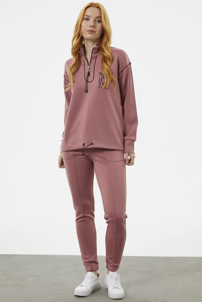 Dik Yaka Rahat Kalıp Eşofman Takım - Gül - Resim 5