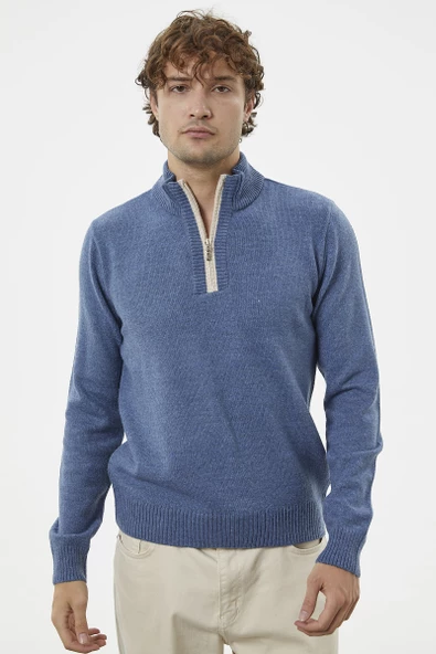 Dik Yaka Fermuarlı Triko Kazak - Indigo - Resim 4