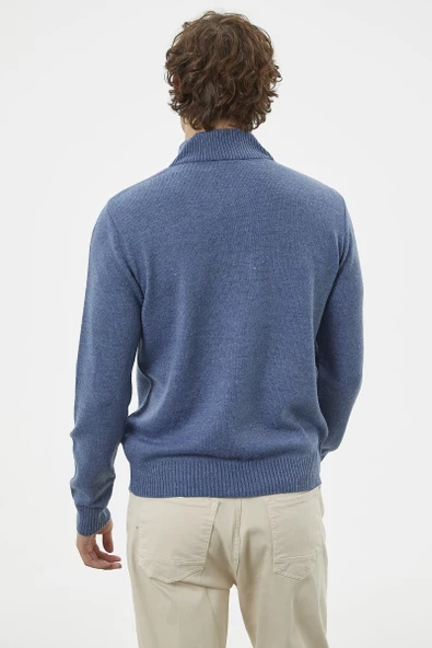 Dik Yaka Fermuarlı Triko Kazak - Indigo - Resim 6