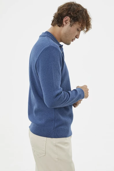 Polo Yaka Düğmeli Triko Kazak - Indigo - Resim 5