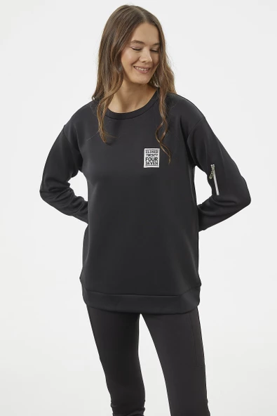 Fermuarlı Rahat Kalıp Sweatshirt - Siyah - Resim 4