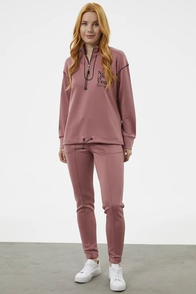 Dik Yaka Rahat Kalıp Eşofman Takım - Gül - Resim 2