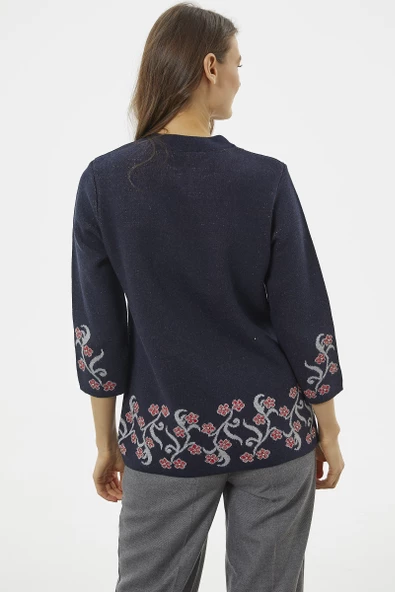 Çiçek Desen Detaylı Yünlü Triko Hırka - Lacivert - Resim 6
