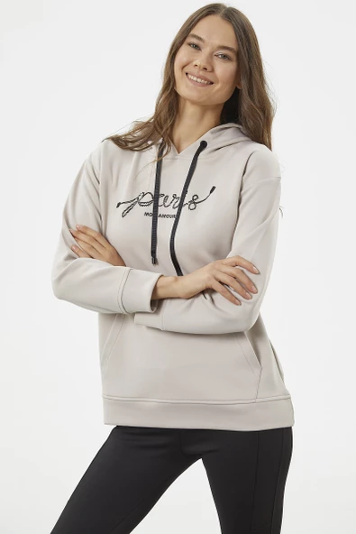 Kanguru Cepli Kapüşonlu Sweatshirt - Bej - Resim 5