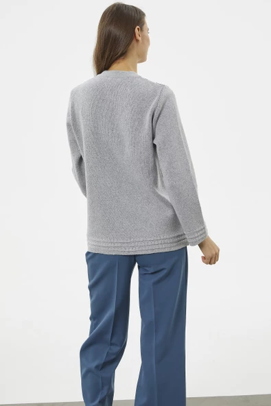 Fermuarlı Kalın Örgü Triko Ceket - Gri - 6