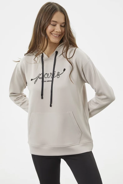 Kanguru Cepli Kapüşonlu Sweatshirt - Bej - Resim 3