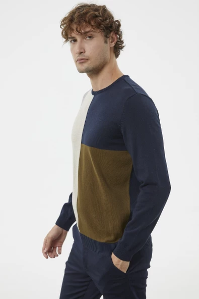Çok Renkli Blok Desen Triko Kazak - Lacivert - 4
