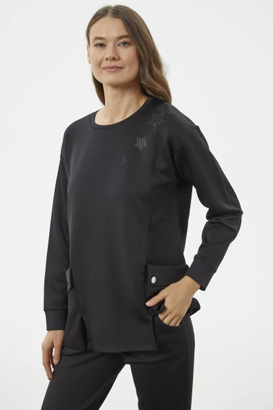 Torba Cep Detaylı Oversize Eşofman Takım - Siyah - Resim 5