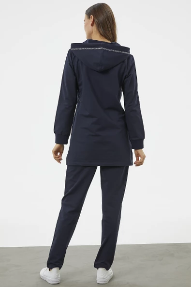 Kapüşonlu Biye Detaylı Fermuarlı Eşofman Takımı - Lacivert - Resim 6