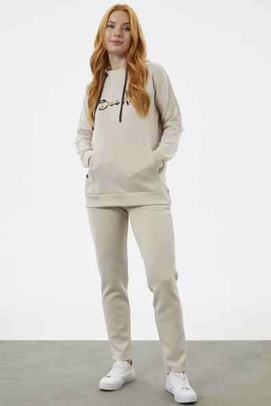 Kanguru Cepli Dalgıç Kumaş Eşofman Takım - Taş - 5