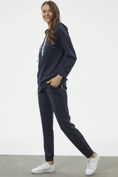 Dalgıç Kumaş Kapüşonlu Tunik Eşofman Takım - Lacivert - Resim 3