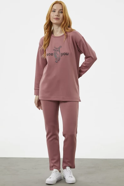 Baskılı Sıfır Yaka Oversize Eşofman Takım - Gül - 4