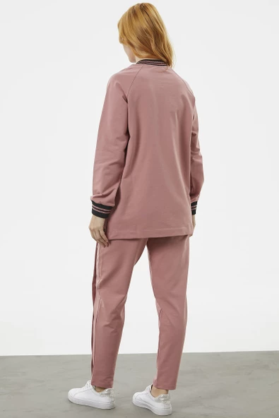 Örme Yaka Fermuarlı Tunik Eşofman Takım - Gül - Resim 6