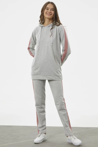 Çift Renk Kapüşonlu Eşofman Takım - Gri - Resim 3