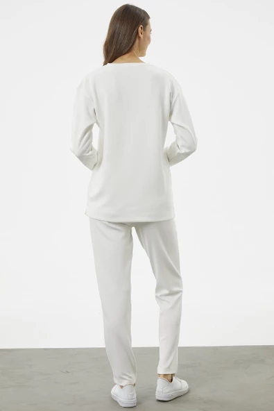 Baskılı Sıfır Yaka Oversize Eşofman Takım - Ekru - Resim 6