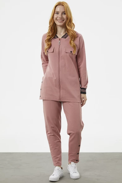 Örme Yaka Fermuarlı Tunik Eşofman Takım - Gül ürün görseli