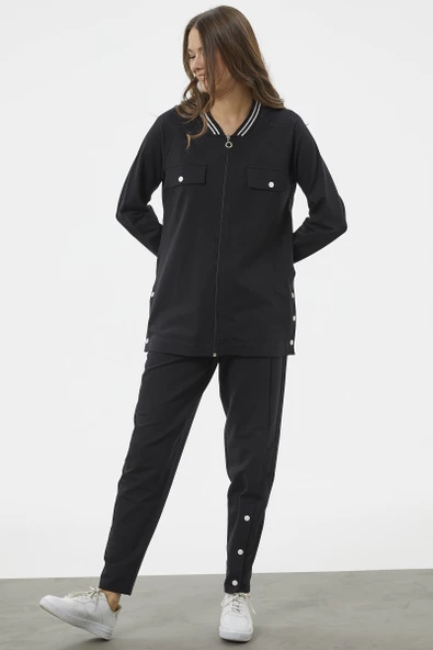 Örme Yaka Fermuarlı Tunik Eşofman Takım - Siyah - Resim 4