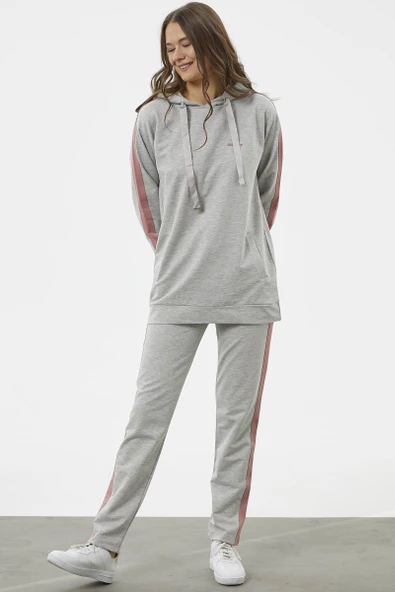 Çift Renk Kapüşonlu Eşofman Takım - Gri - Resim 4