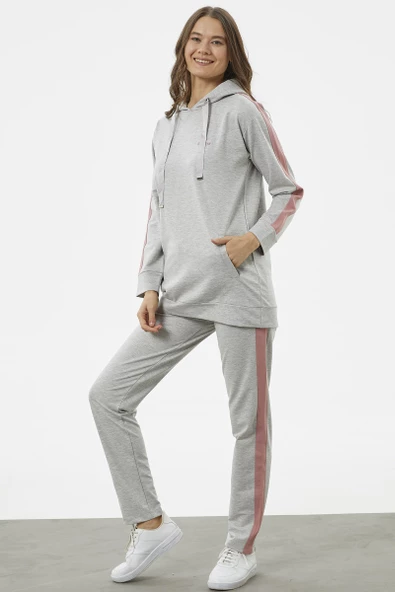 Çift Renk Kapüşonlu Eşofman Takım - Gri - Resim 5