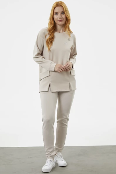 Torba Cep Detaylı Oversize Eşofman Takım - Bej - Resim 3