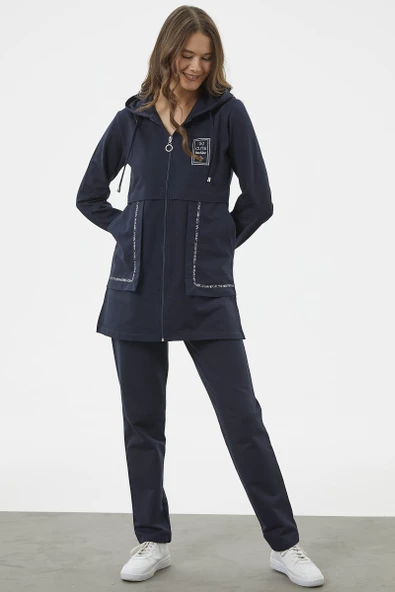 Kapüşonlu Biye Detaylı Fermuarlı Eşofman Takımı - Lacivert - Resim 2