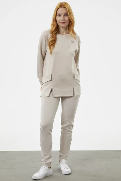 Torba Cep Detaylı Oversize Eşofman Takım - Bej - Resim 2