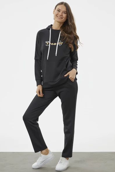 Kanguru Cepli Dalgıç Kumaş Eşofman Takım - Siyah - Resim 4