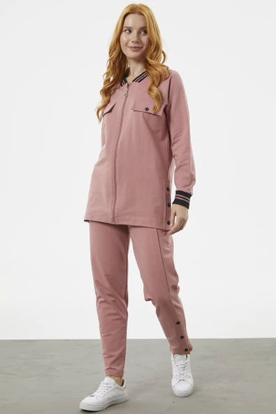 Örme Yaka Fermuarlı Tunik Eşofman Takım - Gül - Resim 2