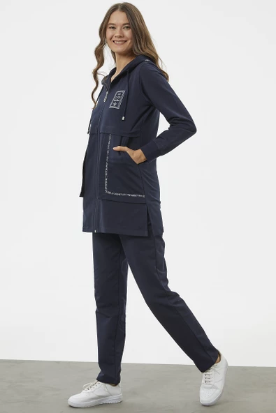 Kapüşonlu Biye Detaylı Fermuarlı Eşofman Takımı - Lacivert - Resim 3