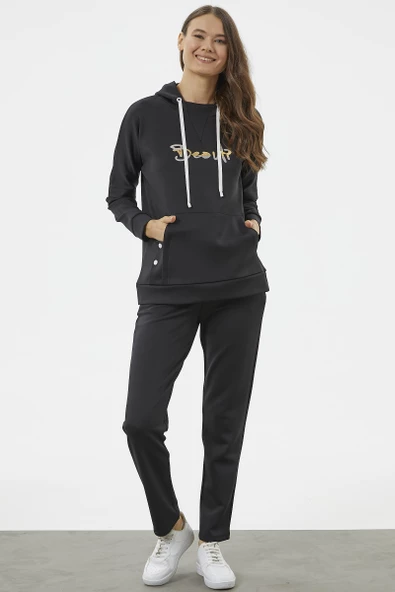 Kanguru Cepli Dalgıç Kumaş Eşofman Takım - Siyah - Resim 2